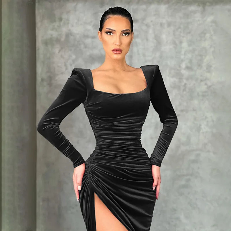 Velvet Square Neck Long Sleeve Ruched High Split Midi Dress 3