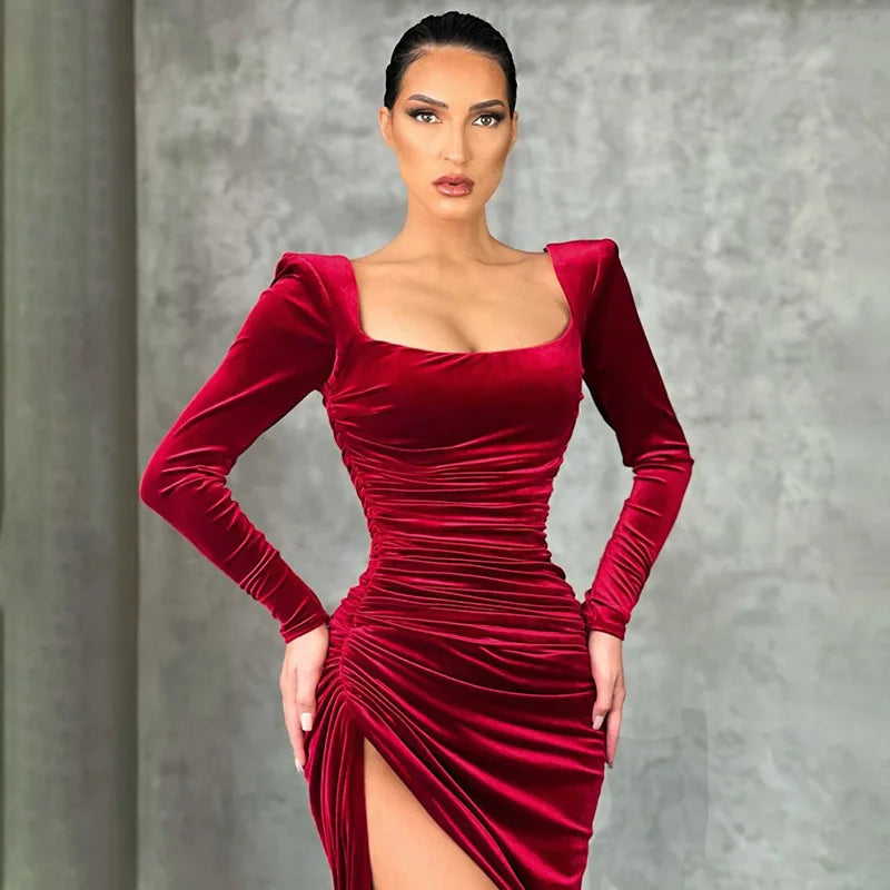 Velvet Square Neck Long Sleeve Ruched High Split Midi Dress