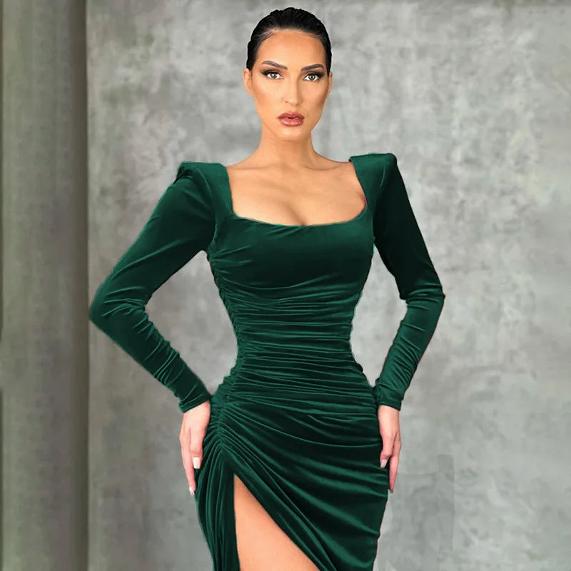 Velvet Square Neck Long Sleeve Ruched High Split Midi Dress 5