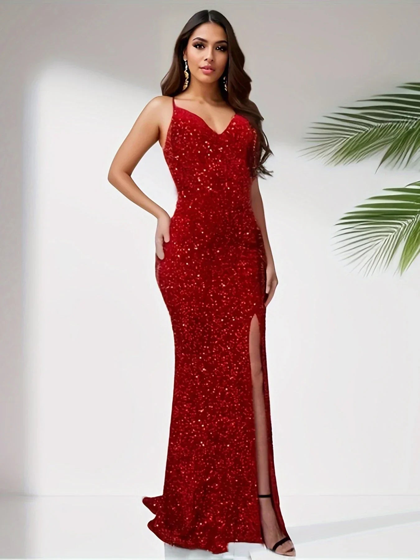 Backless Deep V-Neck Sequin Dress