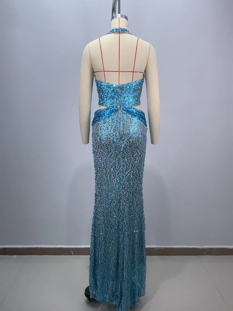 Deep V-Neck Sequin Maxi Dress