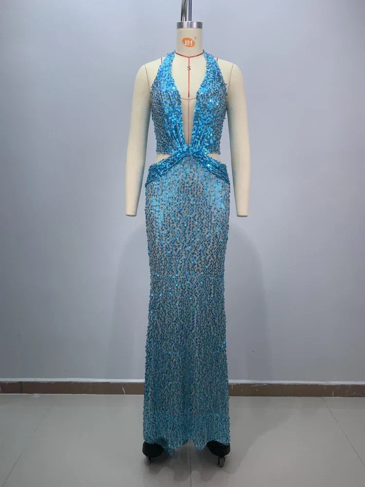 Sequin Deep V-Neck Halter Neck Cut Out Sheer Mermaid Maxi Gown 2