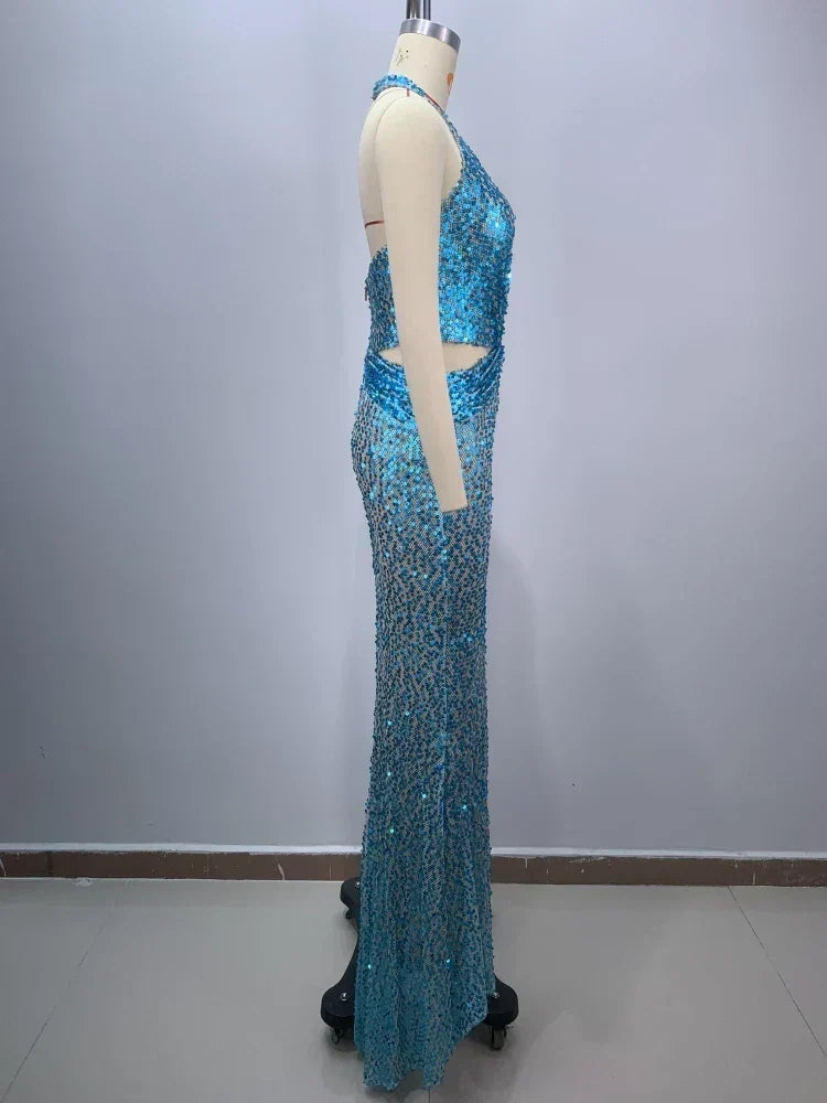 Sequin Deep V-Neck Halter Neck Cut Out Sheer Mermaid Maxi Gown 3
