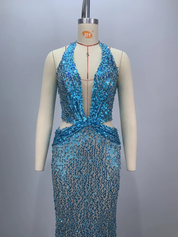 Deep V-Neck Sequin Maxi Dress