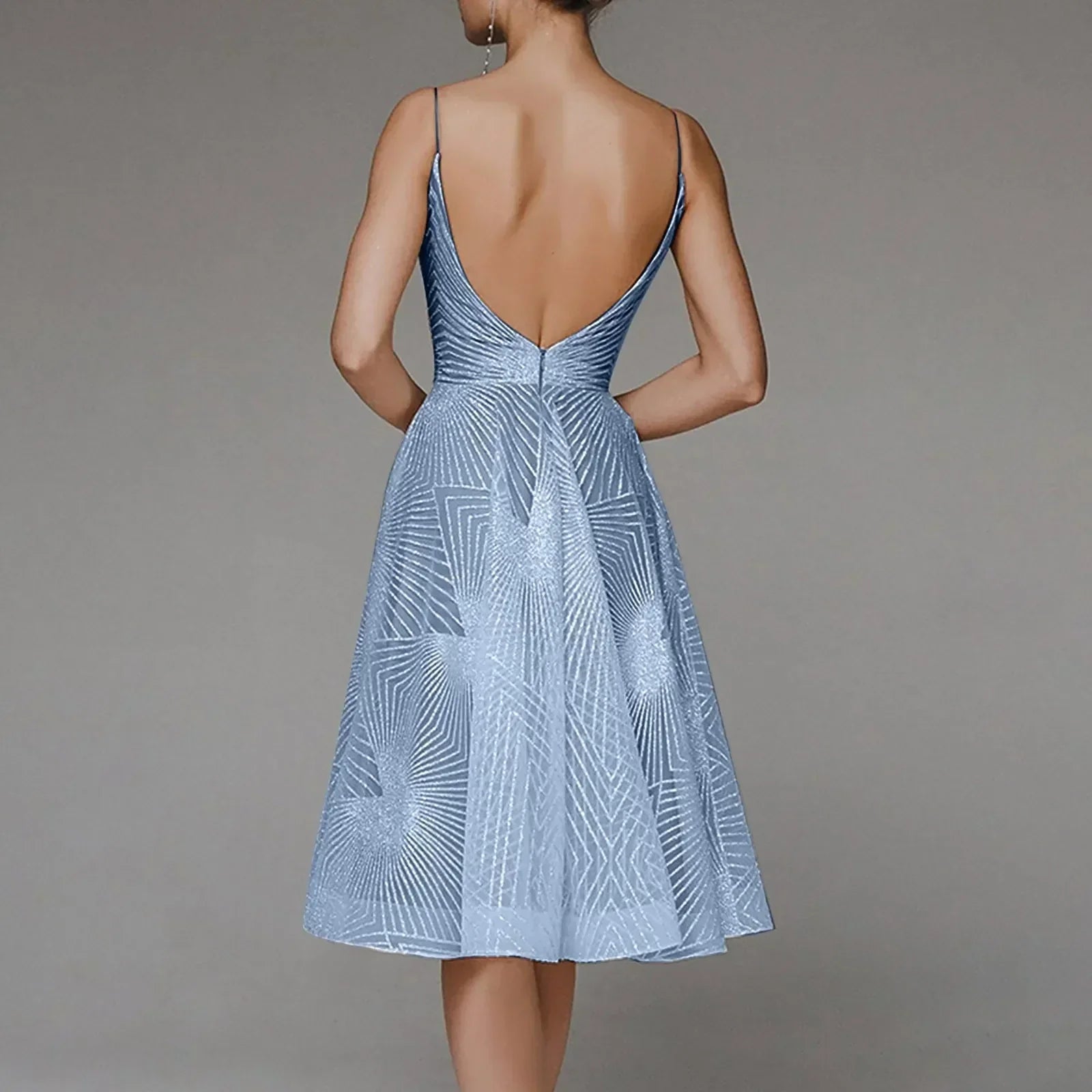 Glitter Spaghetti Strap V-Neck A-Line Midi Party Dress
