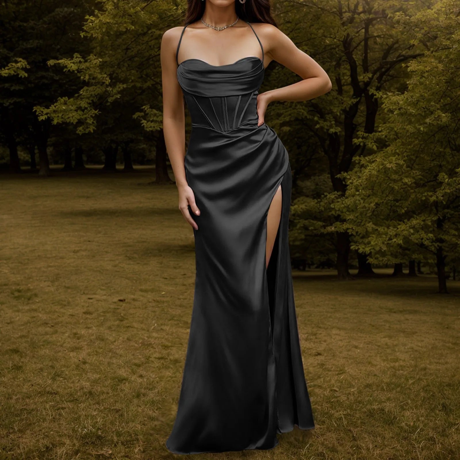 Satin Spaghetti Strap Corset High Split Mermaid Maxi Dress