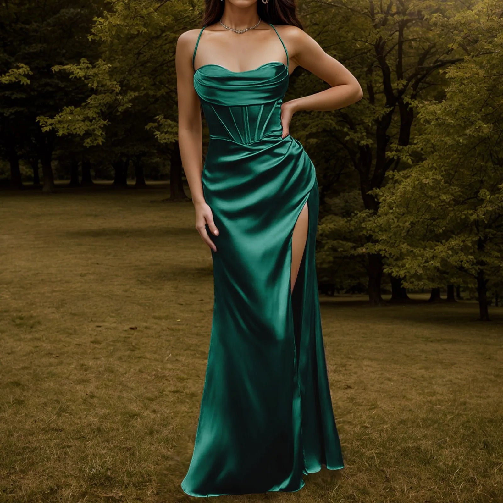 Satin Spaghetti Strap Corset High Split Mermaid Maxi Dress