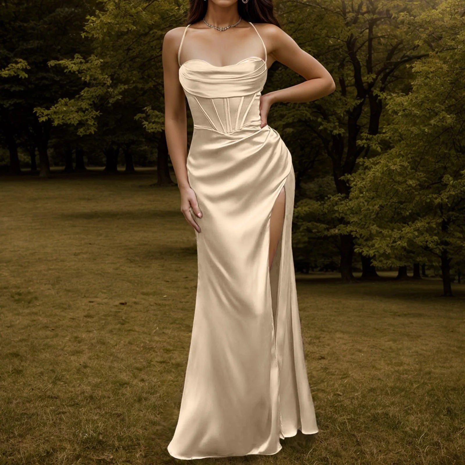 Satin Spaghetti Strap Corset High Split Mermaid Maxi Dress