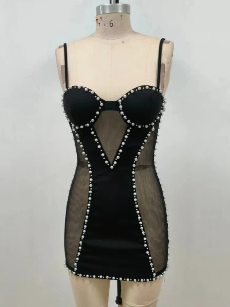 Sexy Spaghetti Strap Mesh Patchwork Pearl Mini Black Sleeveless Christmas Party Dress / Xs Dresses-L