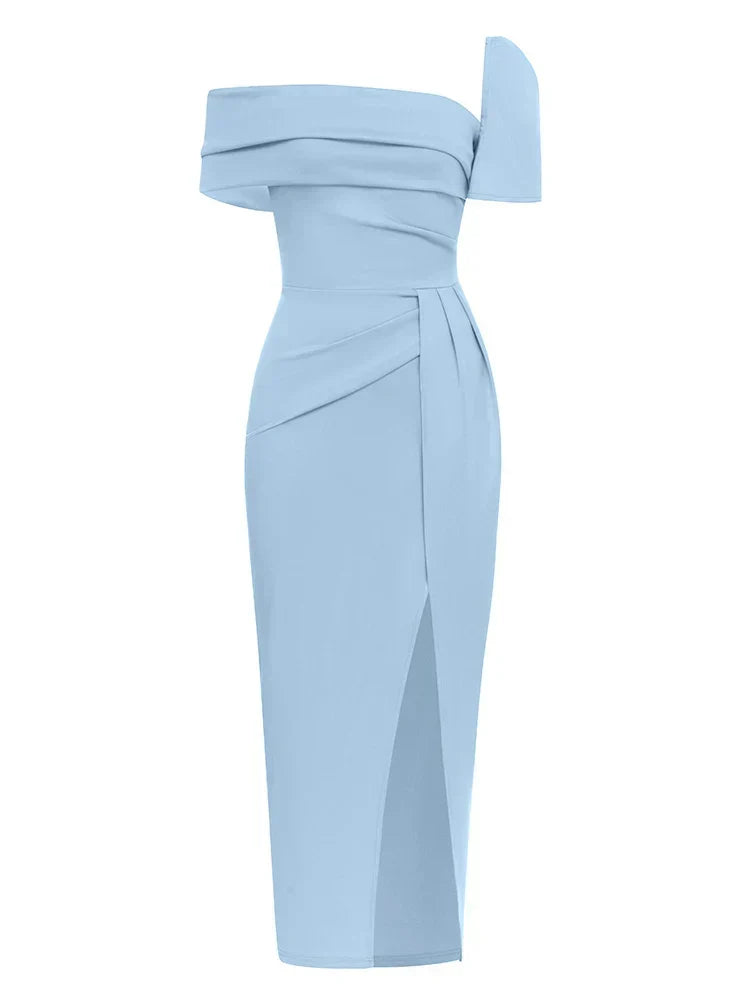 Asymmetric Off Shoulder Fold Over Draped High Split Midi Dress 8