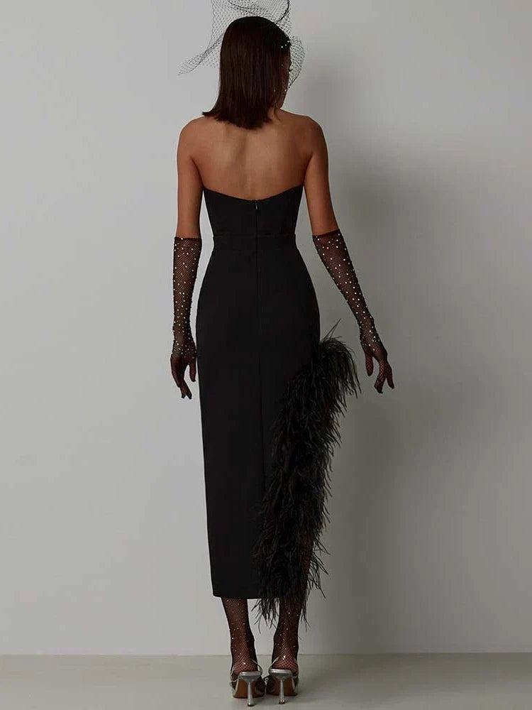 Strapless Corset Bodice Feather Trim Asymmetric High Split Midi Dress 5