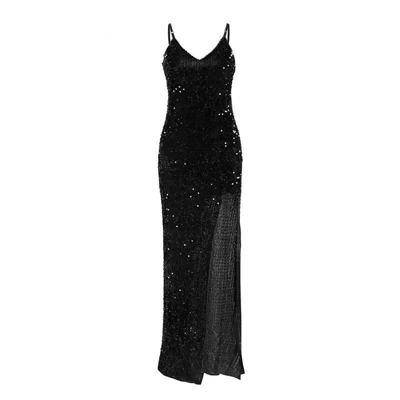 Sequin Spaghetti Strap Deep V-Neck Thigh High Split Maxi Gown