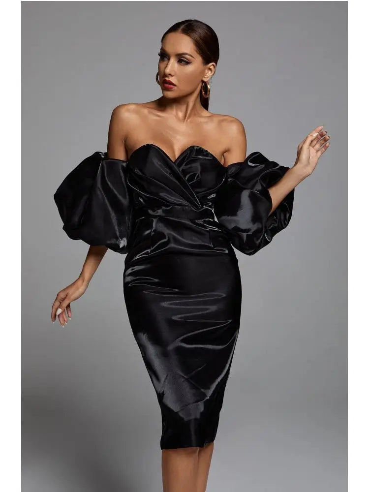 Off-the-Shoulder Deep V-Neck Satin Midi Dress