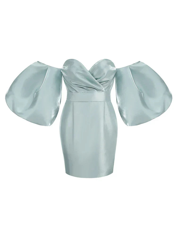 Sexy V-Neck Strapless Puff Sleeve Satin Midi Off Shoulder Christmas Party Dress Blue / S Dresses-L