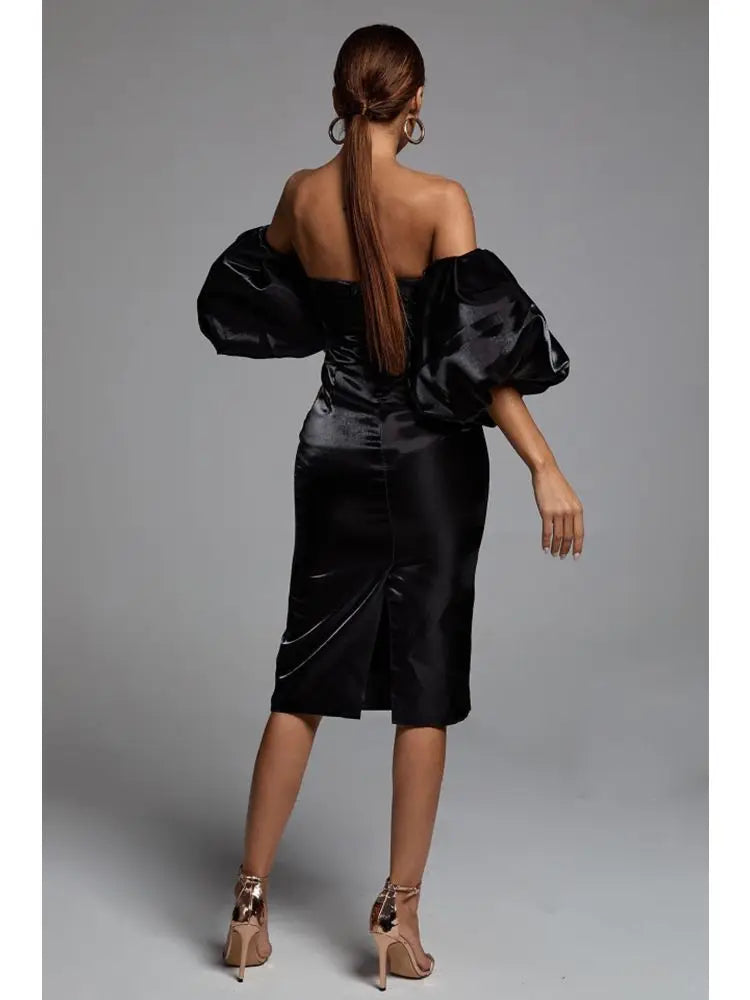 Off-the-Shoulder Deep V-Neck Satin Midi Dress