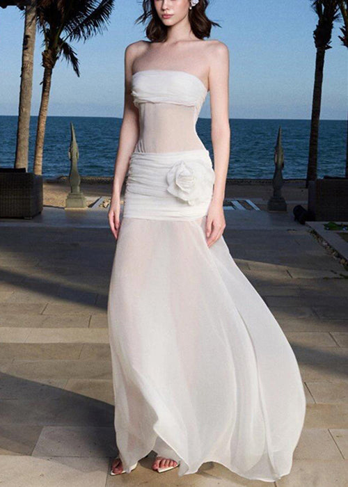 Strapless Ruched Bodice Sheer Waist Floral Rosette Tulle Overlay Maxi Gown