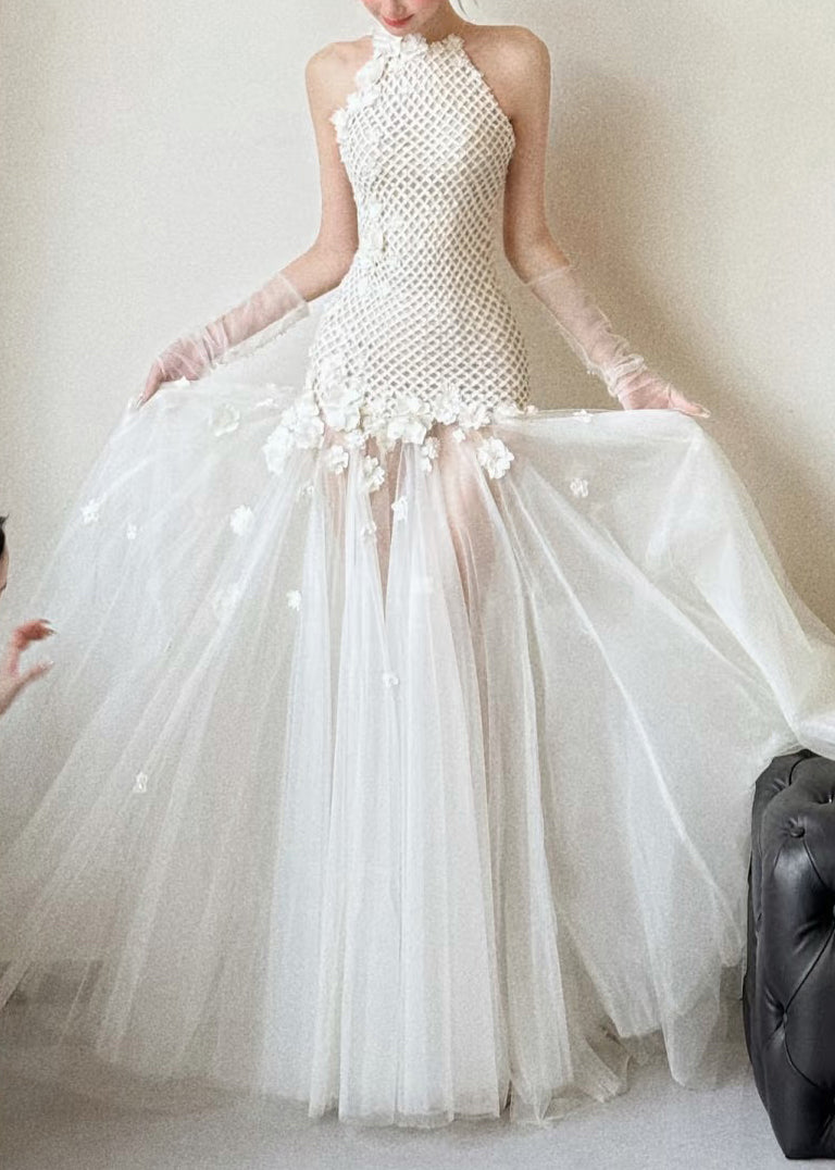 Halter Neck Lattice Bodice Floral Appliqué Tulle Maxi Gown