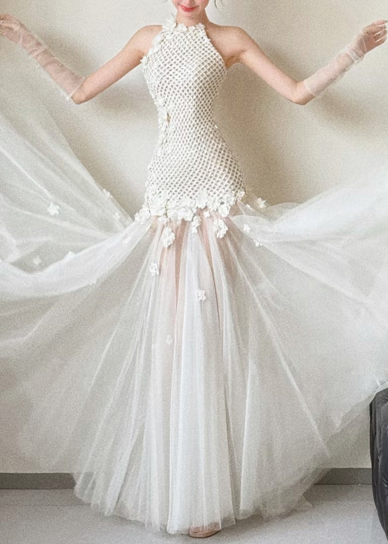 Halter Neck Lattice Bodice Floral Appliqué Tulle Maxi Gown