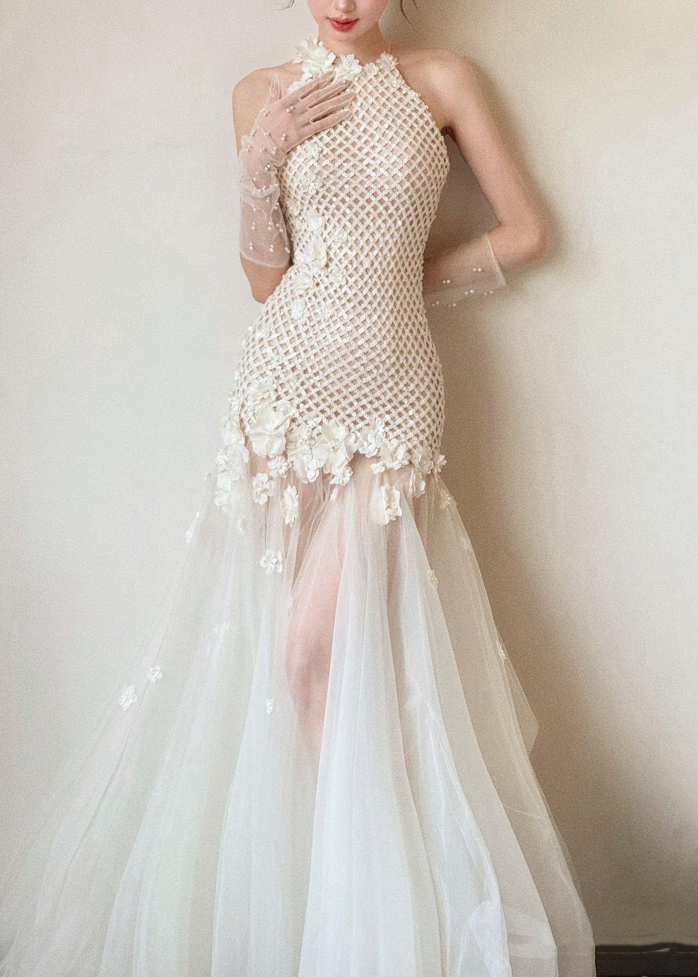 Halter Neck Lattice Bodice Floral Appliqué Tulle Maxi Gown