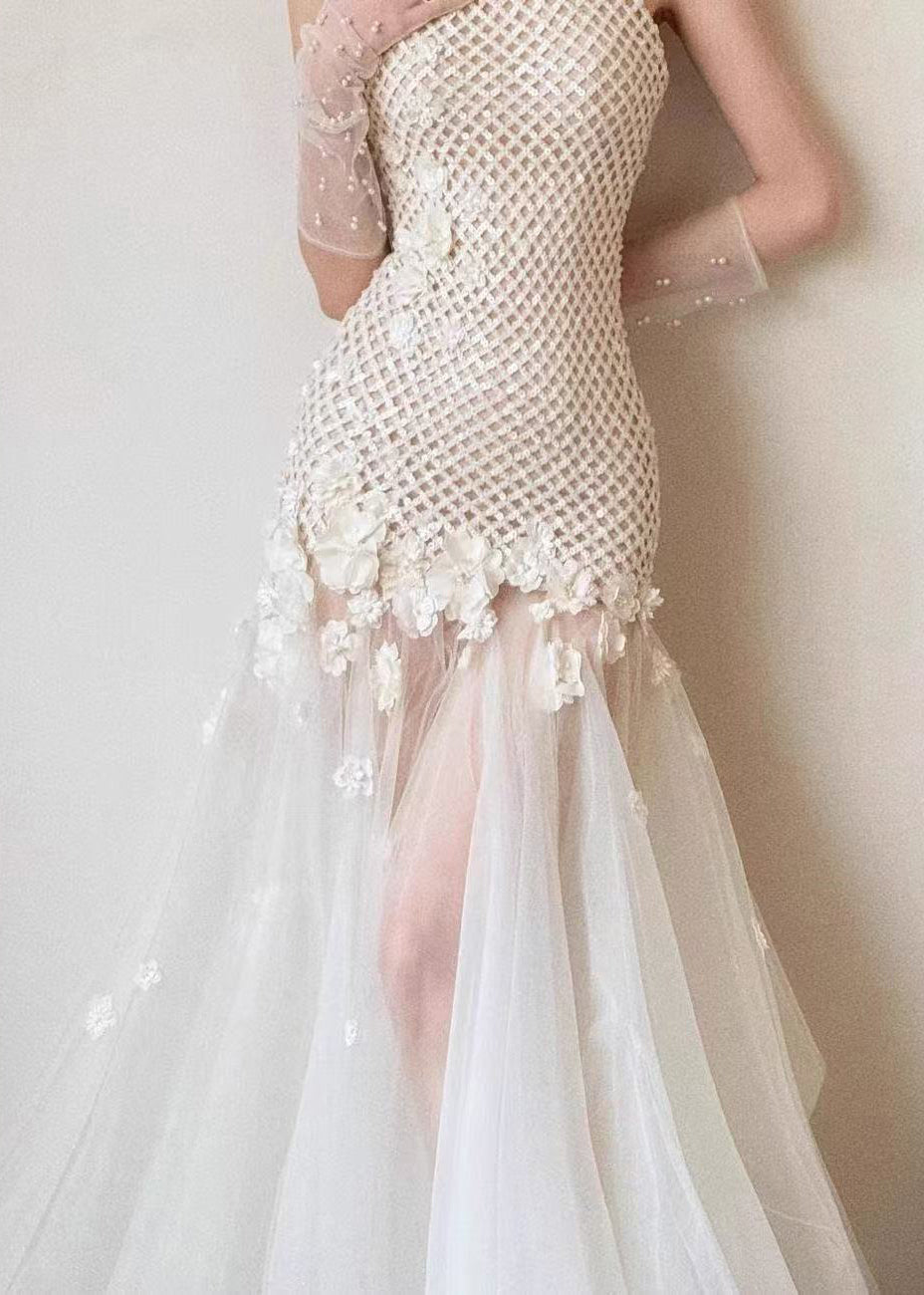 Halter Neck Lattice Bodice Floral Appliqué Tulle Maxi Gown