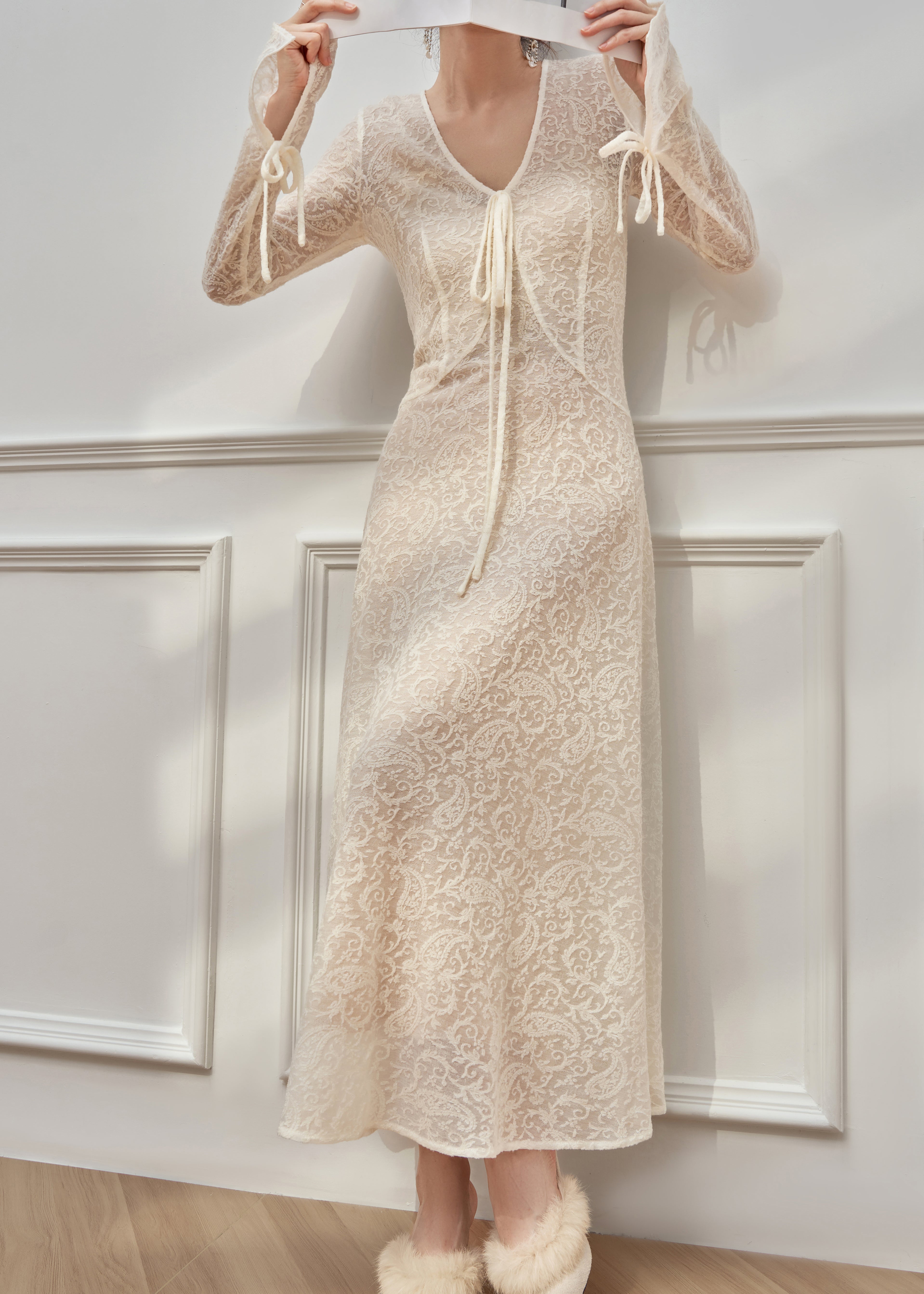 Lace Deep V-Neck Tie Front Bell Sleeve Maxi Dress
