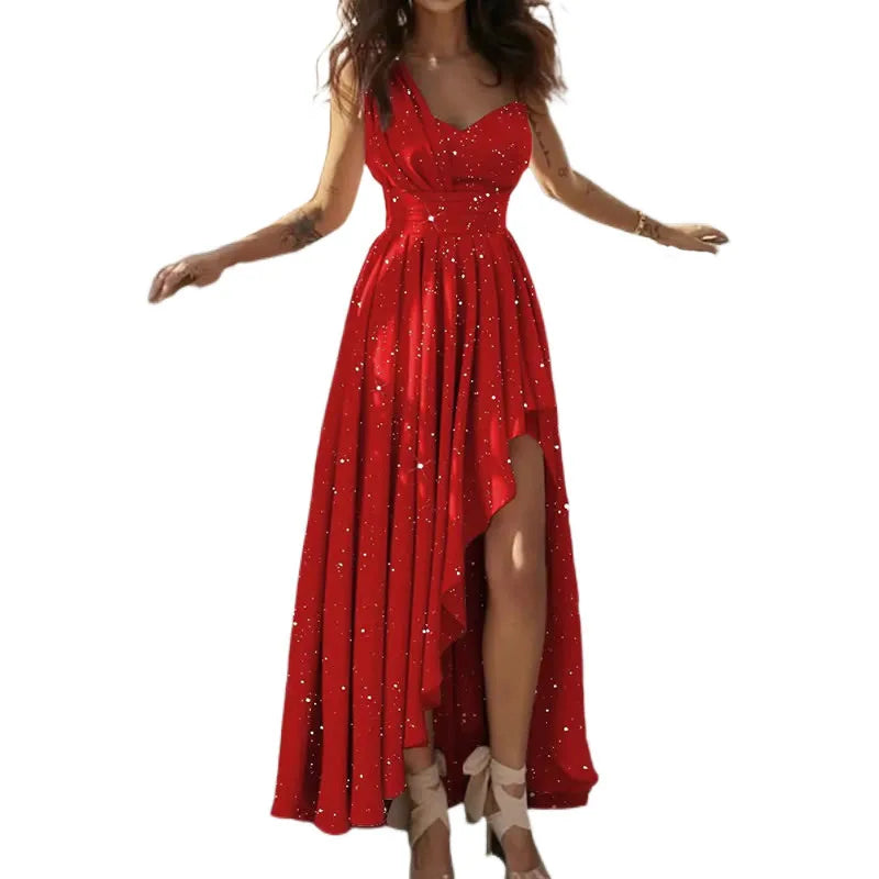 Glitter One Shoulder Pleated High Low Maxi Formal Dress 4