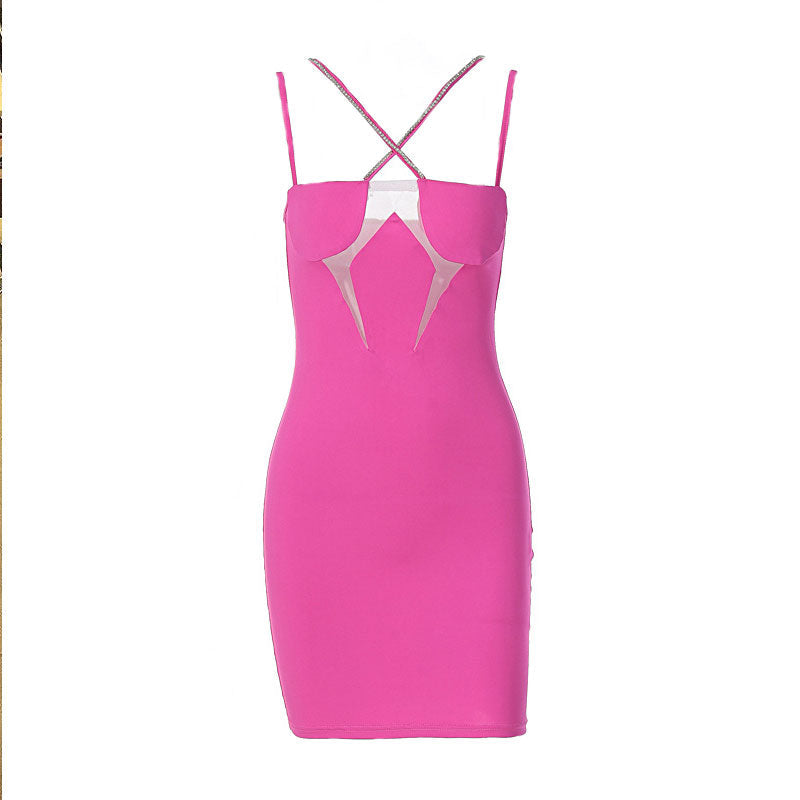 Rhinestone Cross Strap Mesh Cut Out Bodycon Party Mini Dress 3