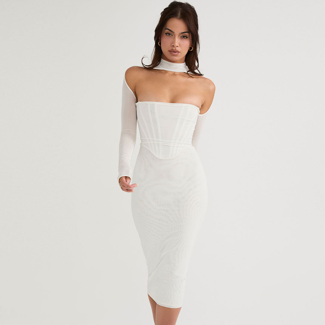 Cut Out Long Sleeve Mesh Mock Neck Corset Bodycon Midi Dress