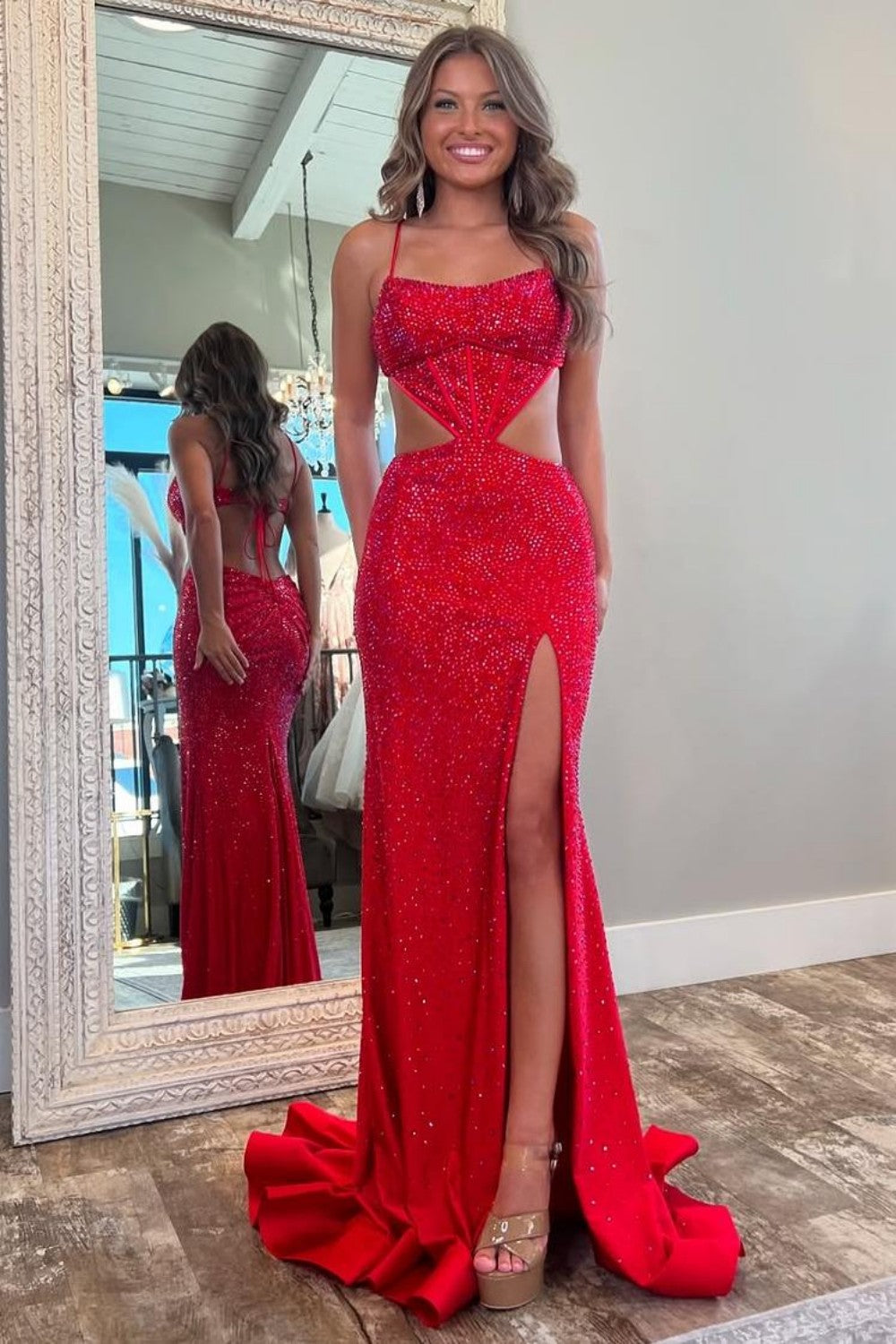 Sexy Black Mermaid Spaghetti Straps Long Beaded Prom Dress with Slit