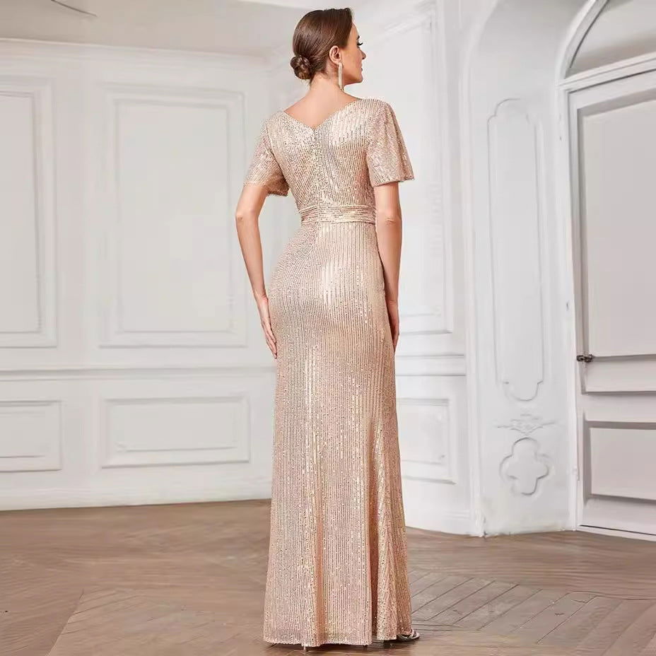Sequin V-Neck Short Sleeve Ruched Mermaid Maxi Dress