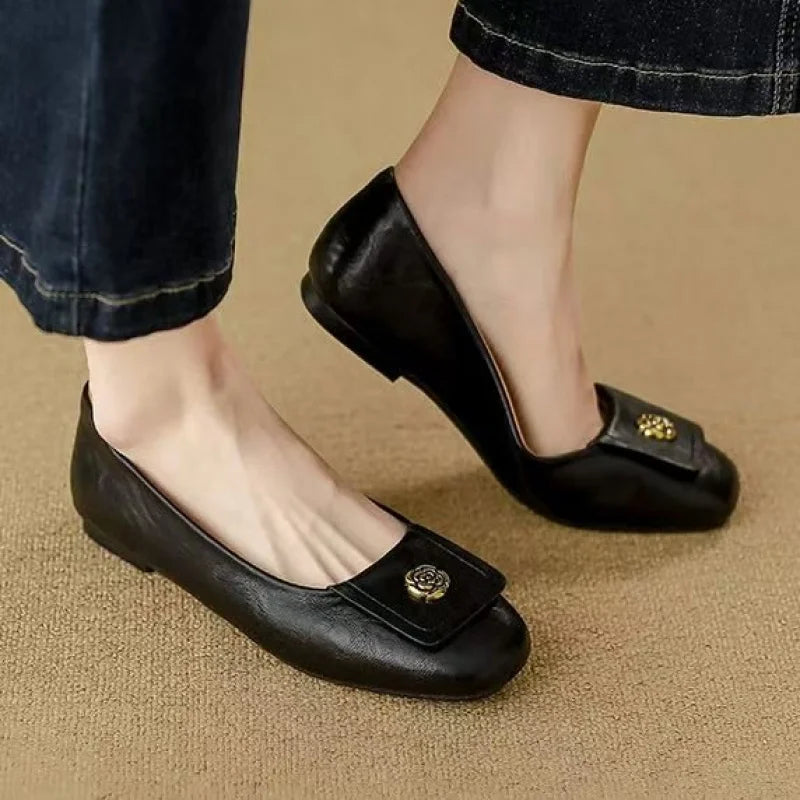 Square Toe Metal Flower Buckle Slip On Flats