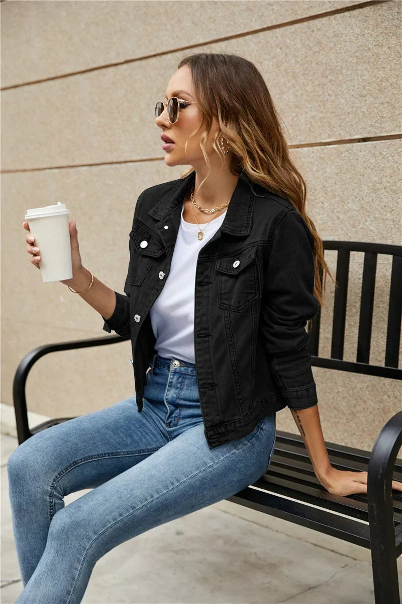 Button Front Long Sleeve Collared Denim Jacket