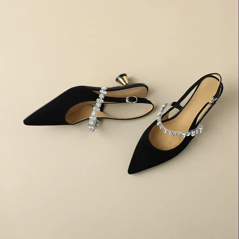 Pointed Toe Rhinestone Strap Kitten Heel Pumps