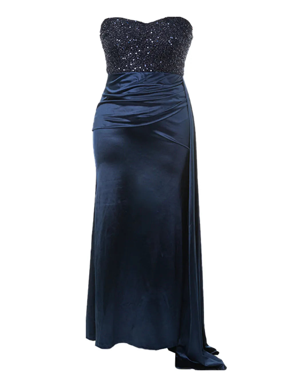 Sequin Strapless Sweetheart Ruched Draped Side Panel Satin Maxi Gown