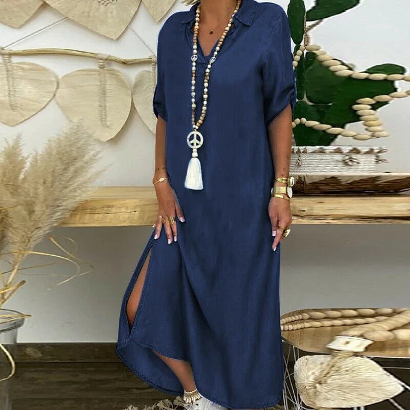 Collared Roll Sleeve Denim Shirt Maxi Dress