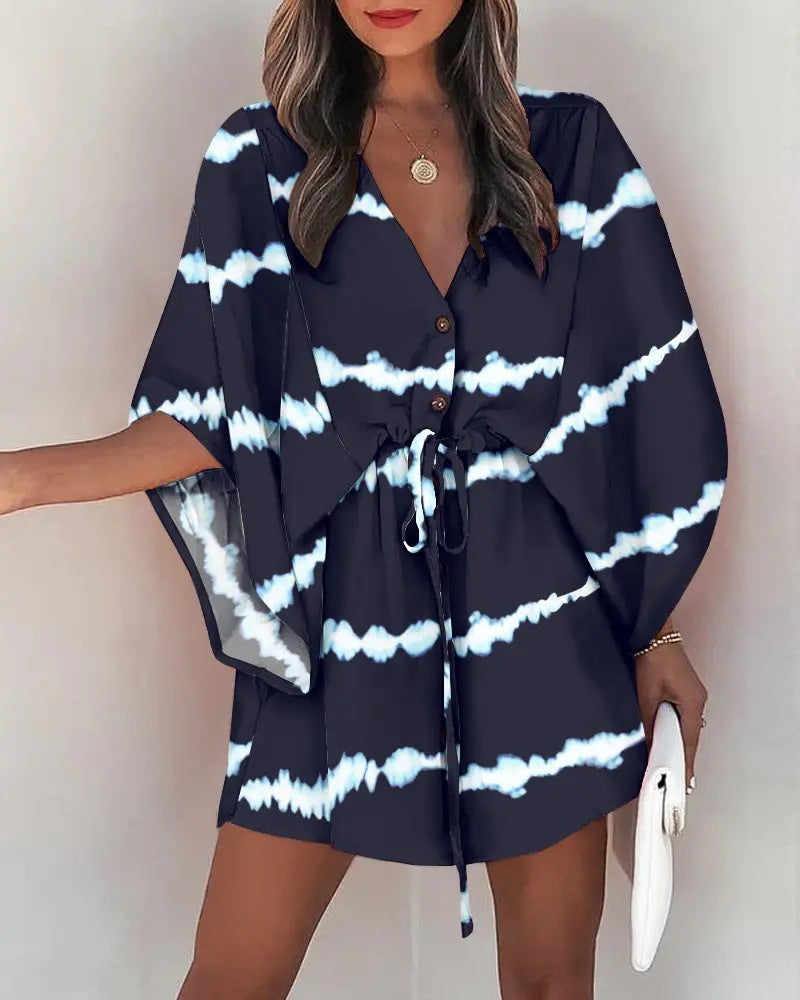 Casual Flora Print Batwing Sleeve LaceUp Dress