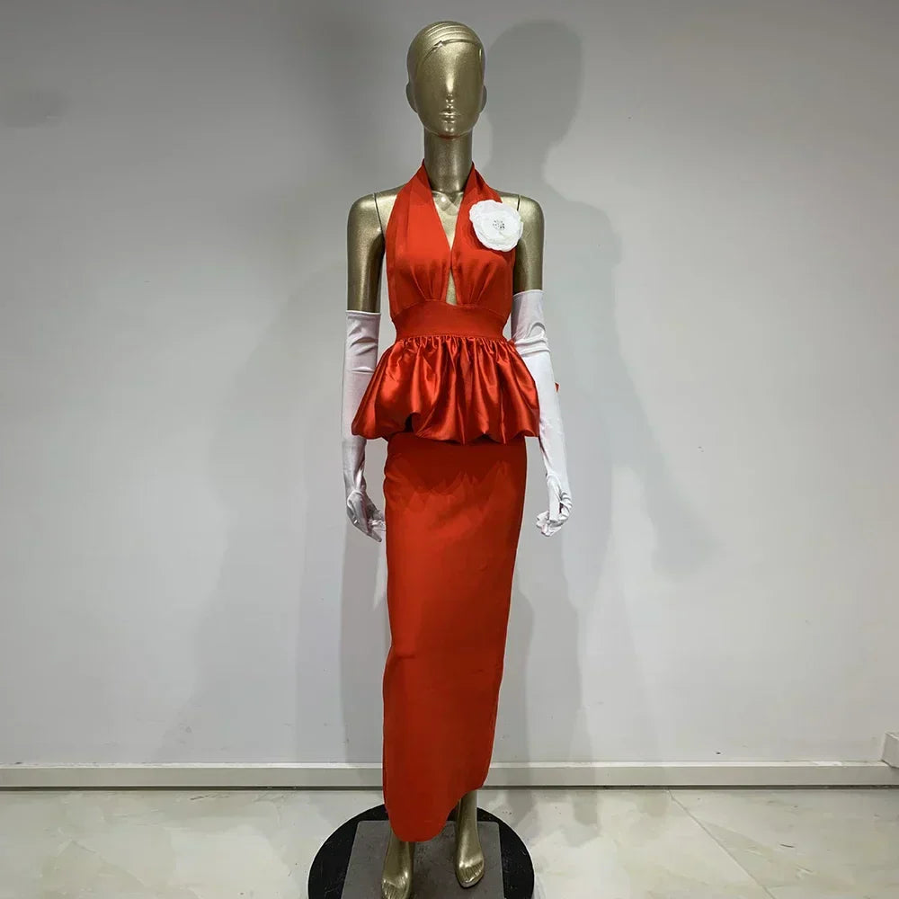 Halter Neck Deep V-Neck Flower Applique Ruffled Peplum Mermaid Gown