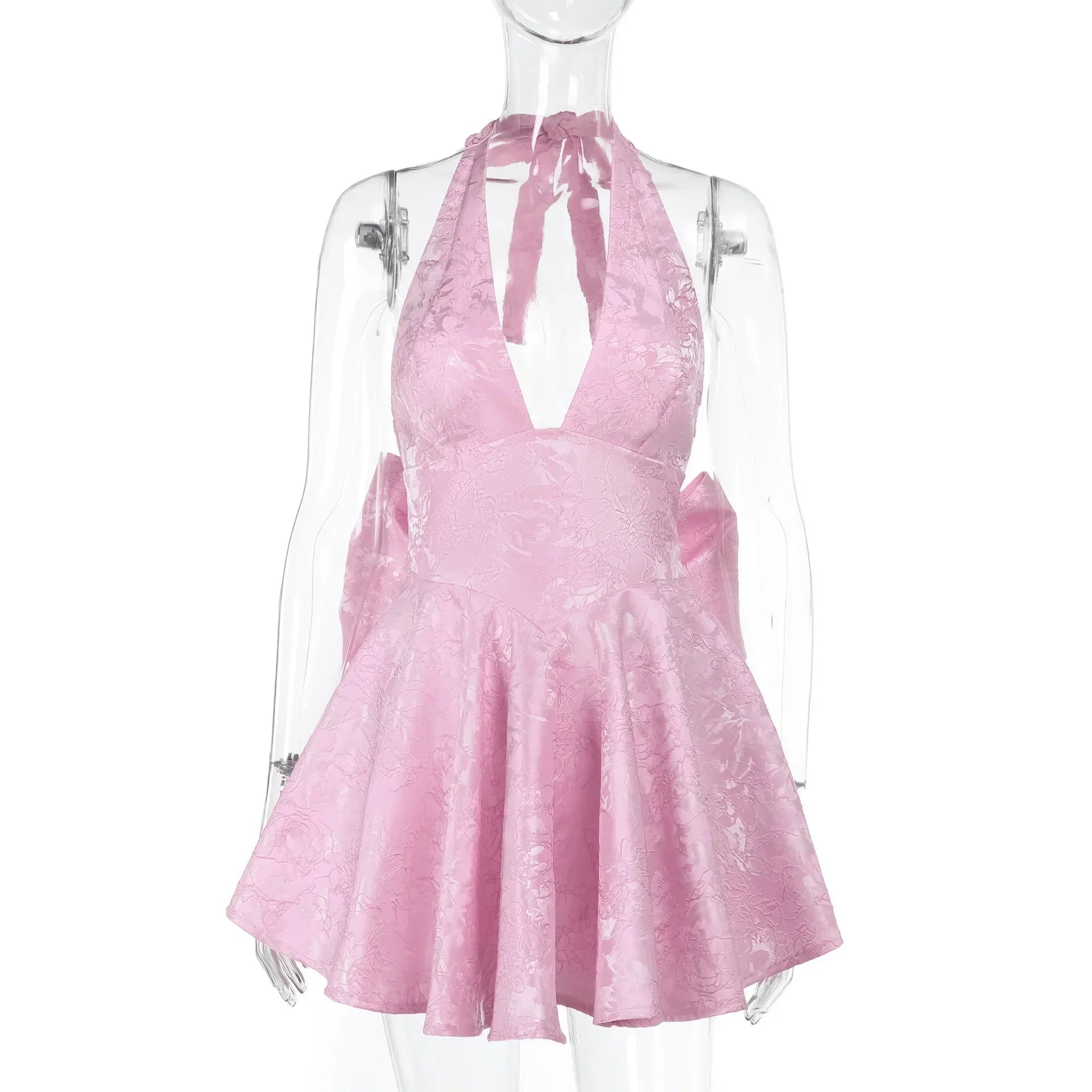 Women's Bow Deep V Halter Backless A - line Dress