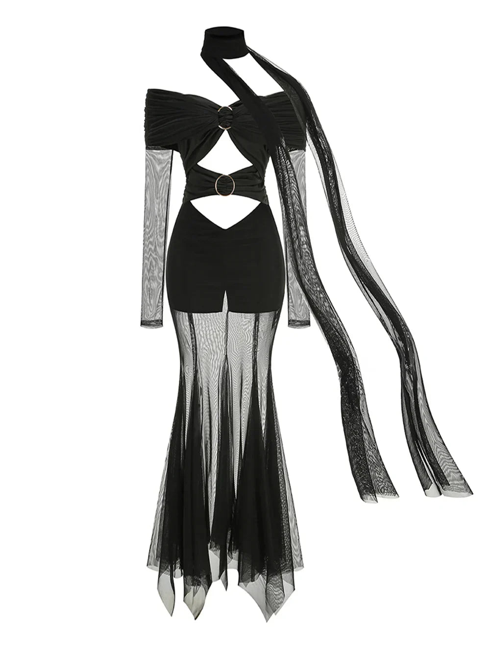 Off The Shoulder Mesh Folded Scarf Maxi Dress - View 5