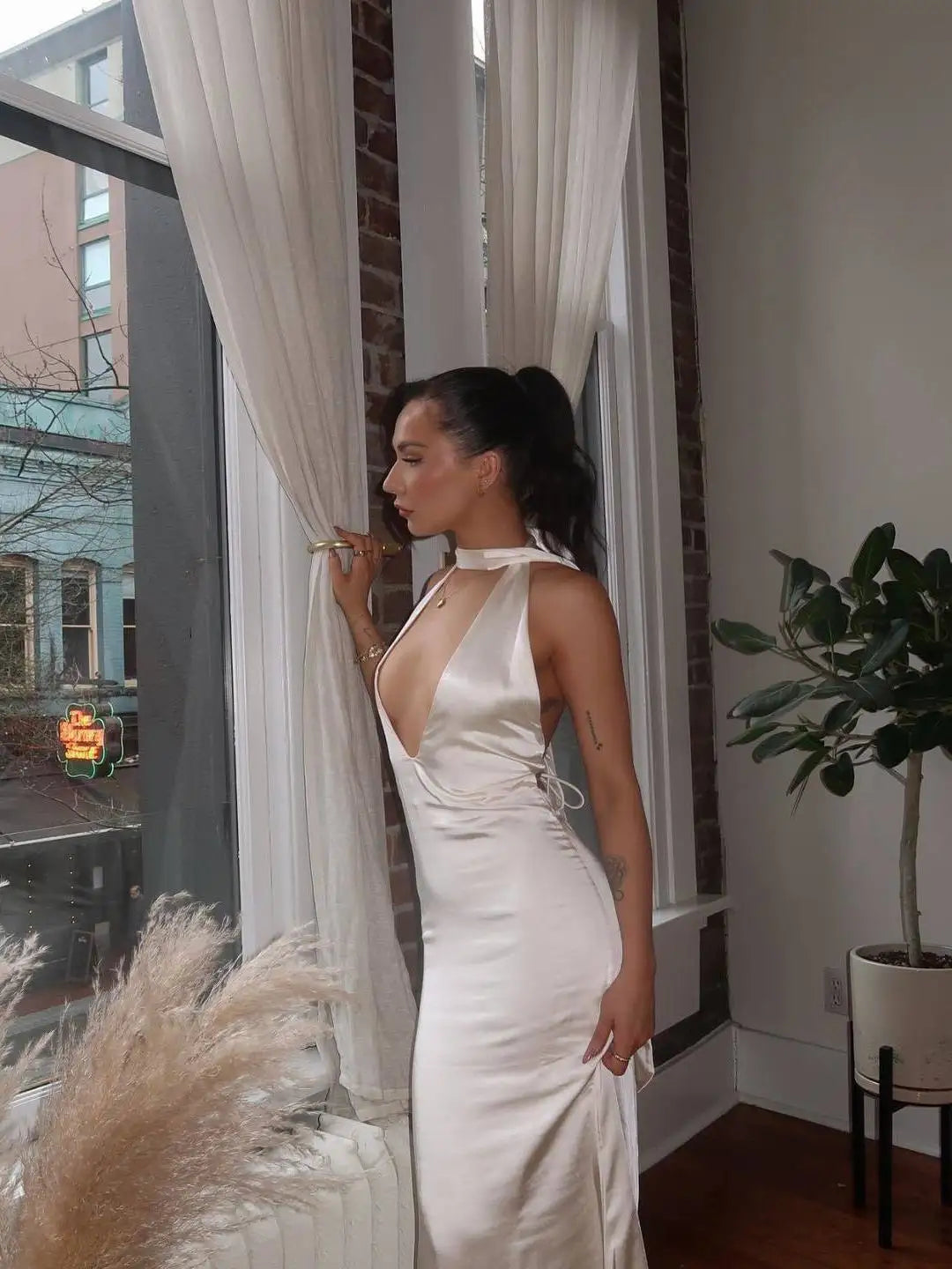 Satin Halter Neck Choker Deep V-Neck Bodycon Maxi Gown