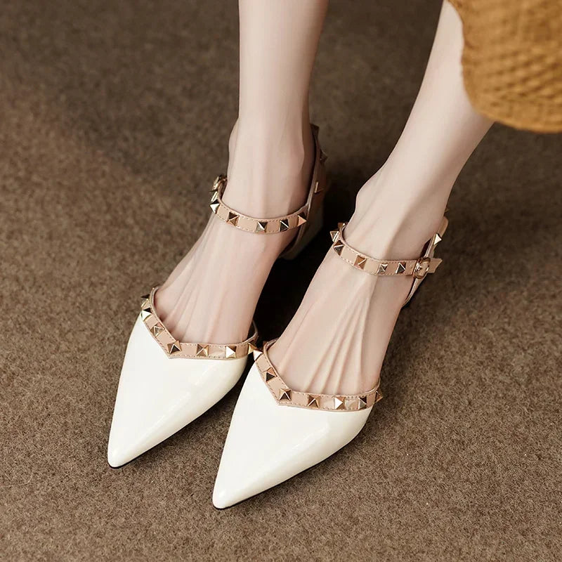 Pointed Toe Studded Slingback Block Heel Pumps