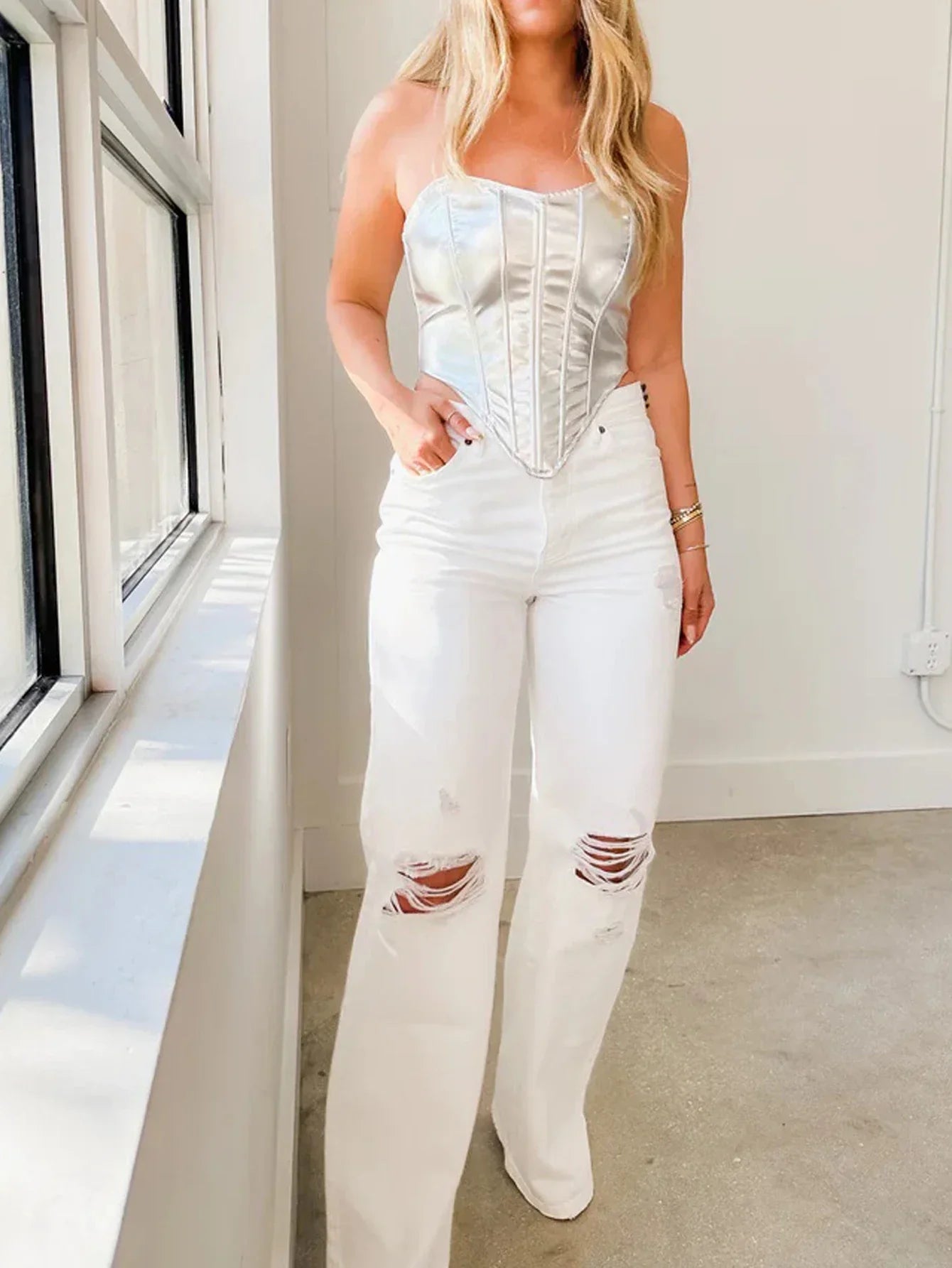 Silver Waist Cinched Base Strapless