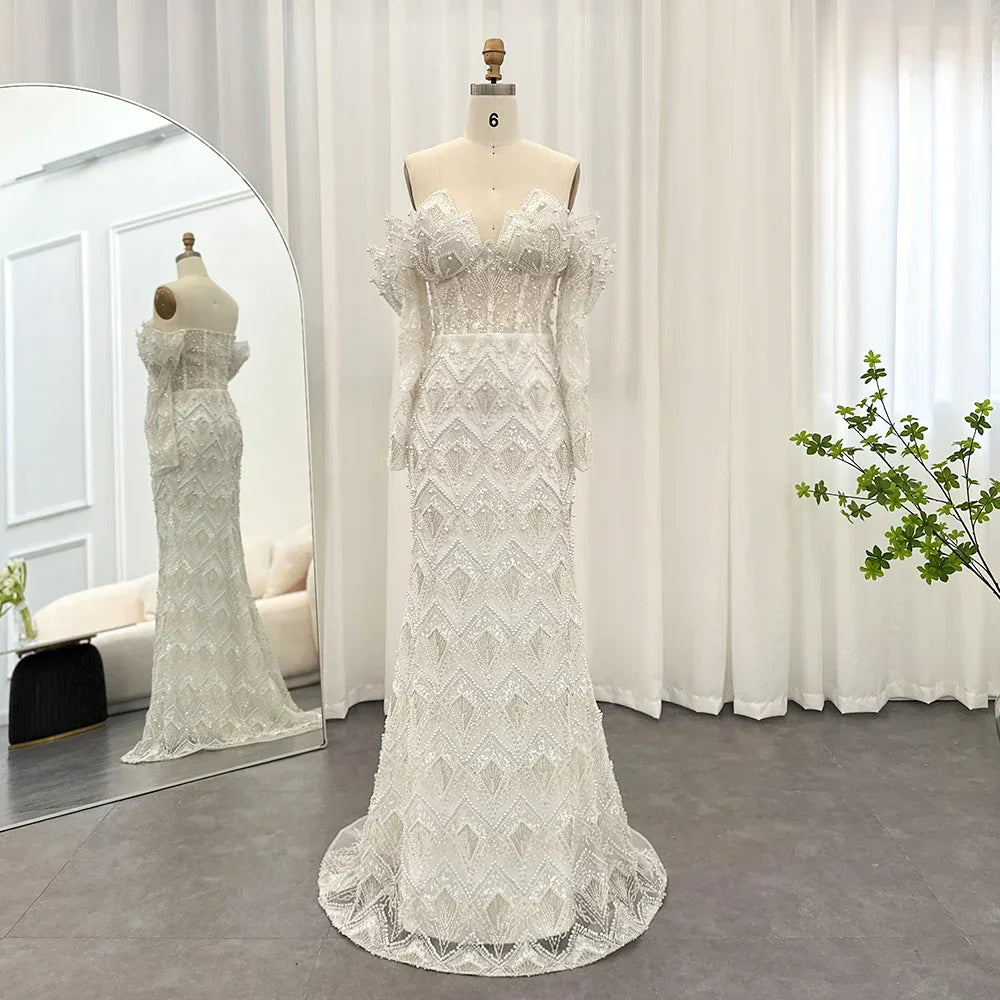 Beaded Off Shoulder Long Sleeve Mermaid Maxi Gown