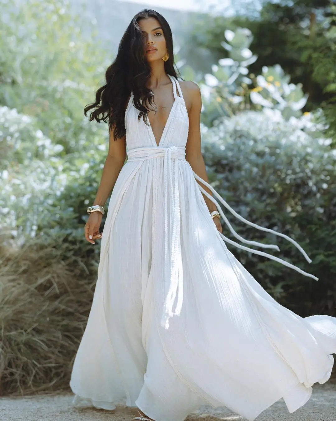 Braided Rope Trim One Shoulder Belted High Split Maxi Dress