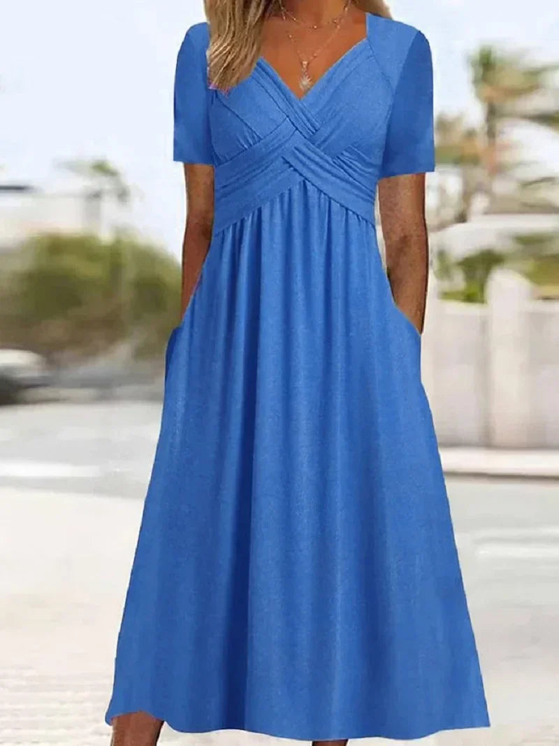 V-Neck Short Sleeve Surplice Wrap Pleated Pocket Maxi Dress