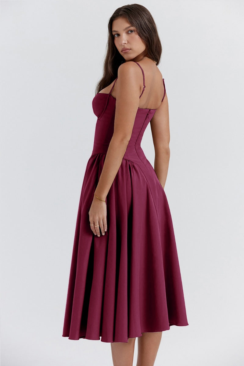 Milagros Premium Open-Shoulder Midi Dress with a Corset Fit Elevated Occasion Wear