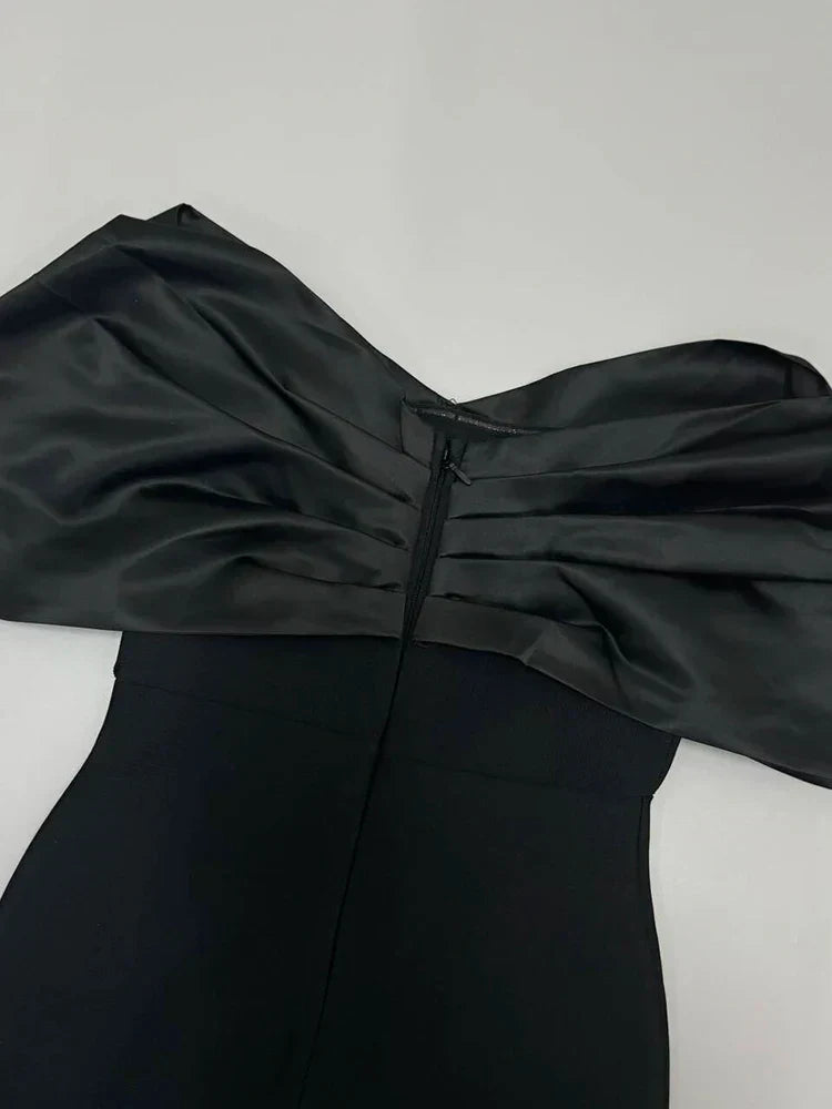 Off Shoulder Satin Bow Rhinestone Embellished Bodycon Midi Dress