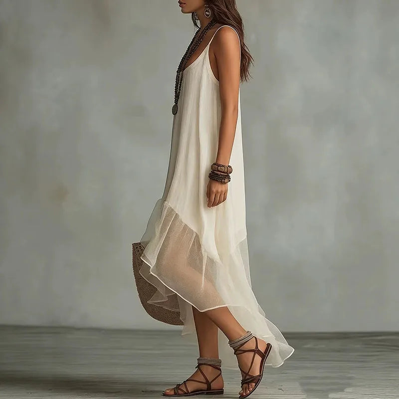 Chiffon Spaghetti Strap Ruffle High Low Maxi Dress Summer