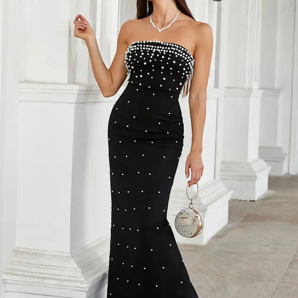 Pearl Embellished Strapless Tube Bodice Bodycon Maxi Gown