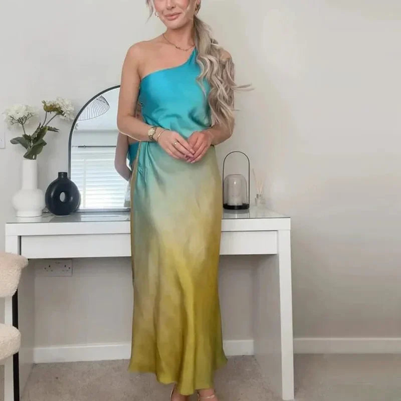 Satin Tie Dye Asymmetric Off Shoulder Midi Dress - View 4